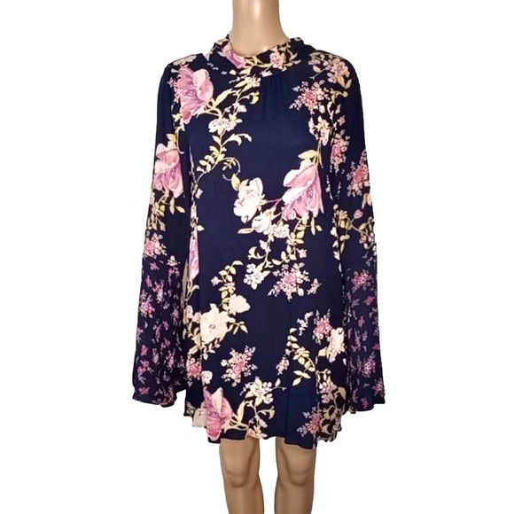 Free People Tate Floral Midnight Blue Combo Flare Sleeve Mini Dress Size X-Small - Picture 2 of 9